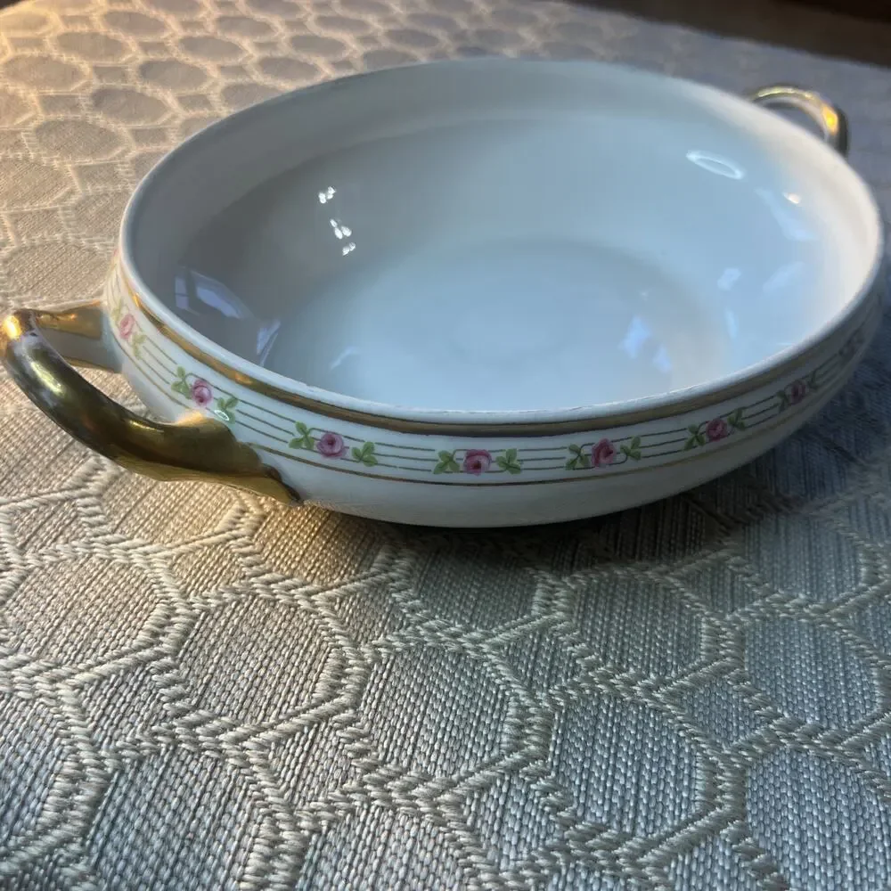 Antique M. Redon Limoges RDN10 Veggie Serving Dish 11” Gold Double Handle Rose